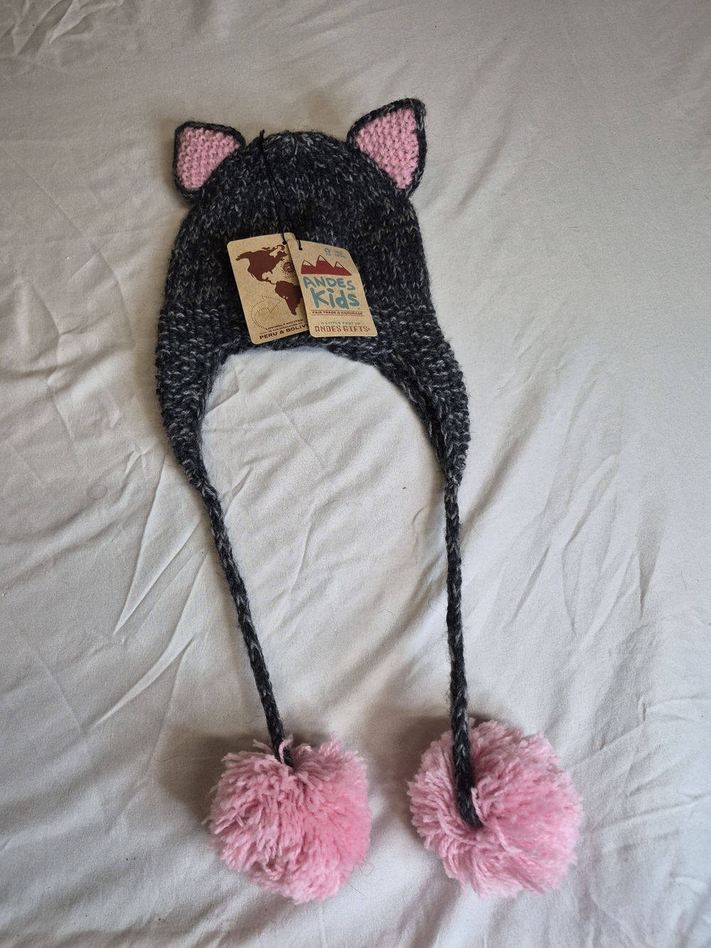 Grey Knit Cat Ear Hat with Pink Pom-Poms